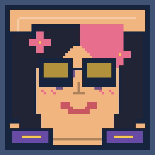 square face avatar with dark hair, sunglasses, and a jacket