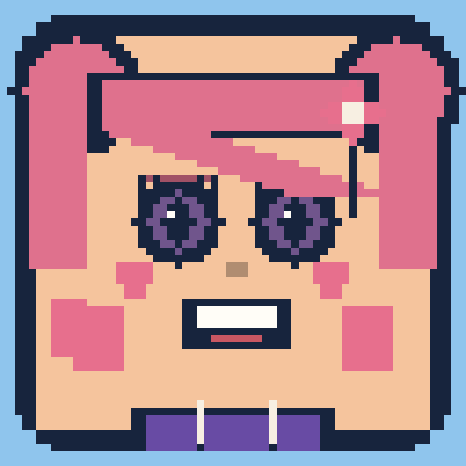 square face avatar with side bangs, glossy eyes, and a hoodie